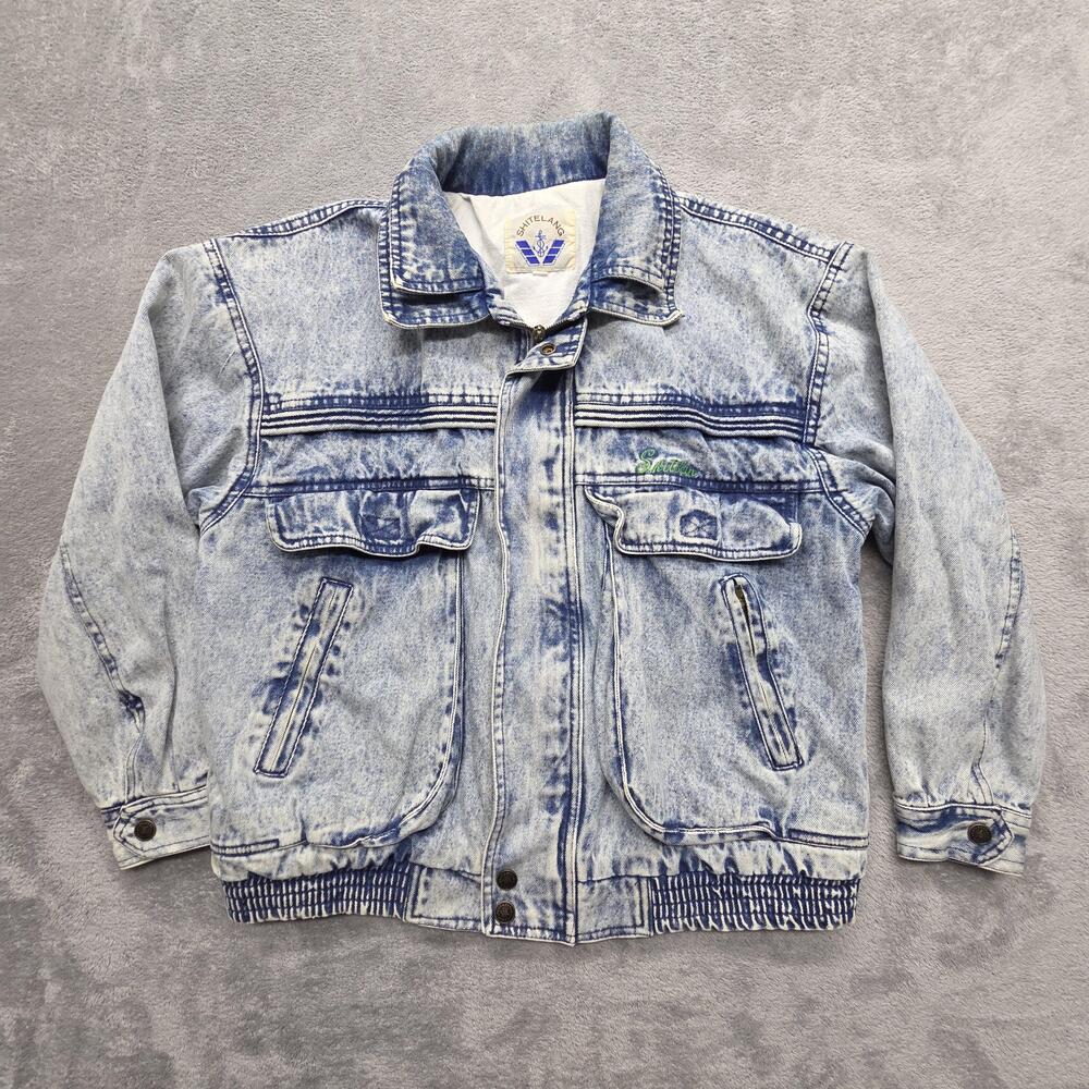 SHITELANG Jacket Mens S Blue Denim Bomber Lined Collared Full Zip Pockets